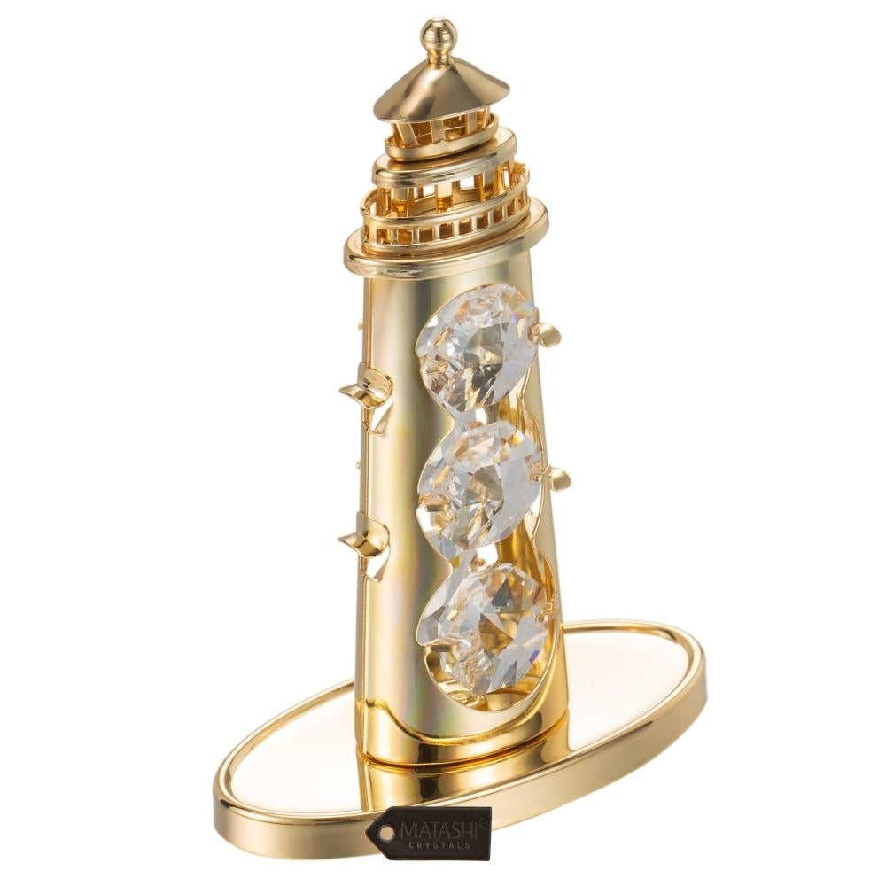 24K Gold Plated Crystal Studded Lighthouse Ornament with Clear Crystals by Matashi Image 4