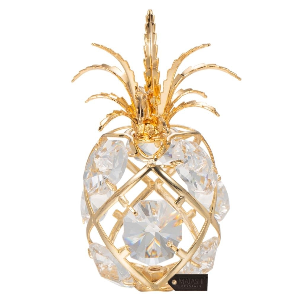 24K Gold Plated Mini Pineapple Ornament with Clear Crystals by Matashi Image 3