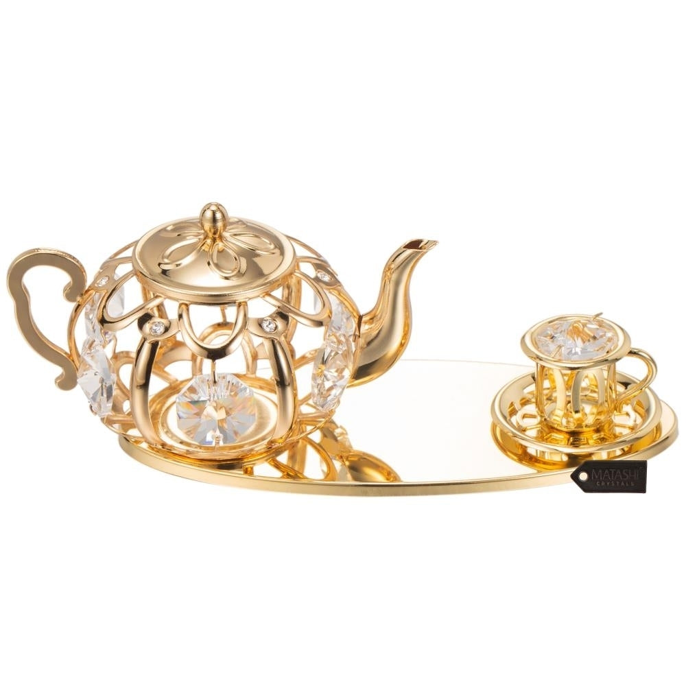 24K Gold Plated Crystal Studded Gold Tea Set Ornament by Matashi Image 2