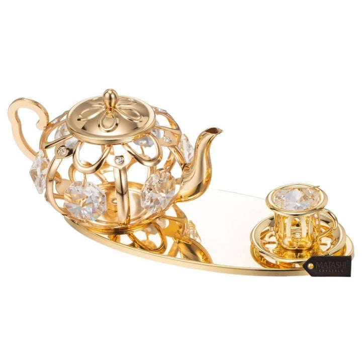 24K Gold Plated Crystal Studded Gold Tea Set Ornament by Matashi Image 3