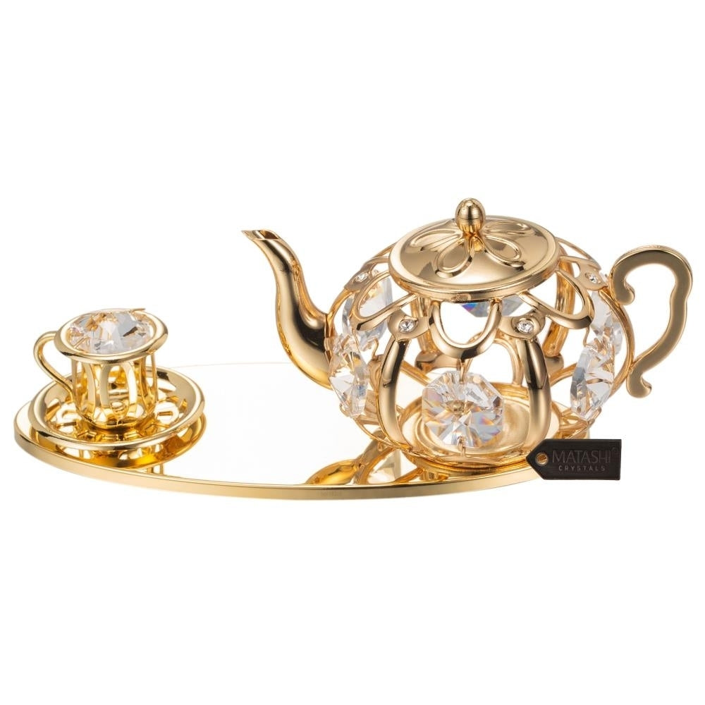 24K Gold Plated Crystal Studded Gold Tea Set Ornament by Matashi Image 5