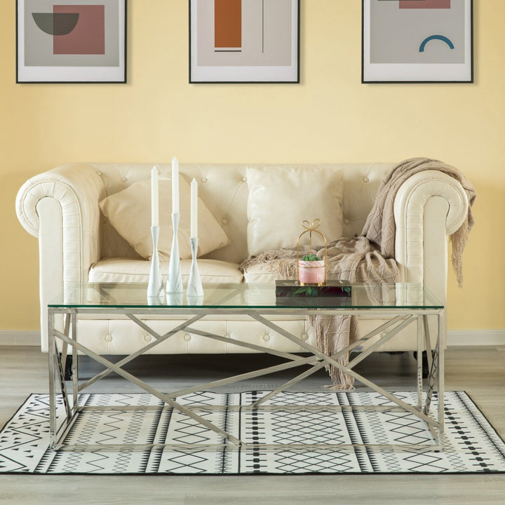 Decorative Rectangular Glass Top Metal Modern Coffee Table Image 5
