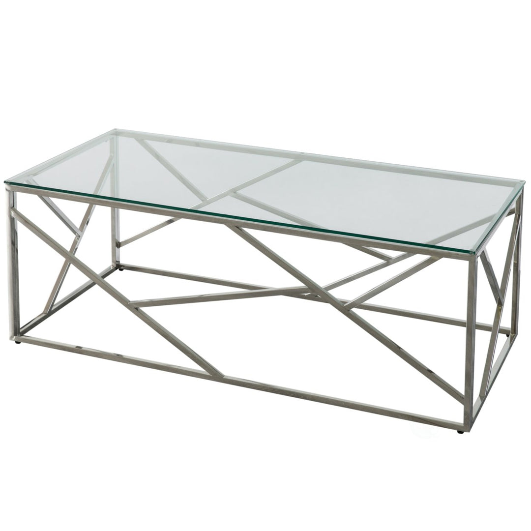 Modern Rectangular Glass Top Metal Coffee Table 23.75" W 47.25" D Stainless Steel Image 1