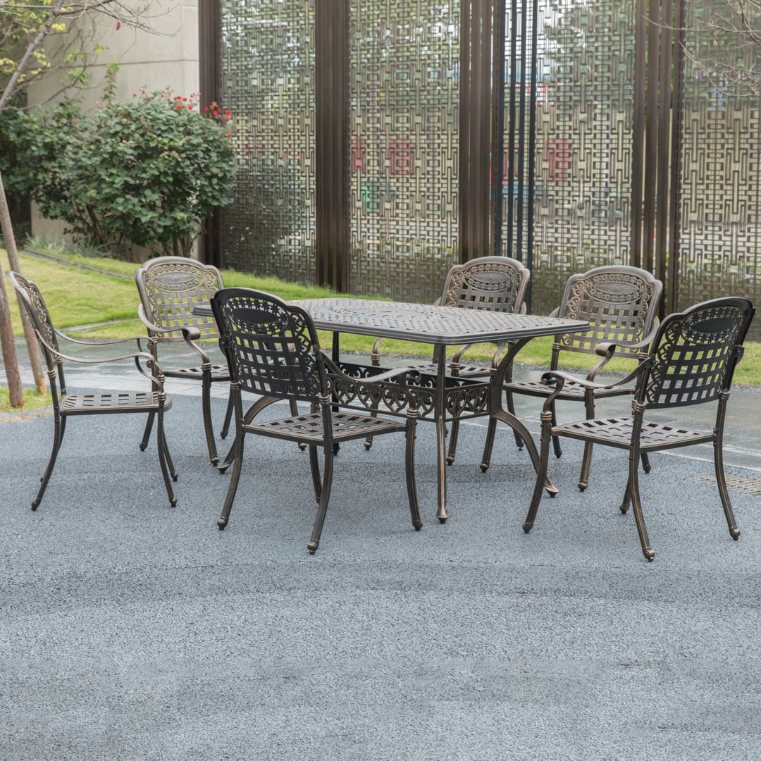 Indoor and Outdoor Bronze Dinning Set 6 Chairs with 1 Table Bistro Patio Cast Aluminum. Image 9