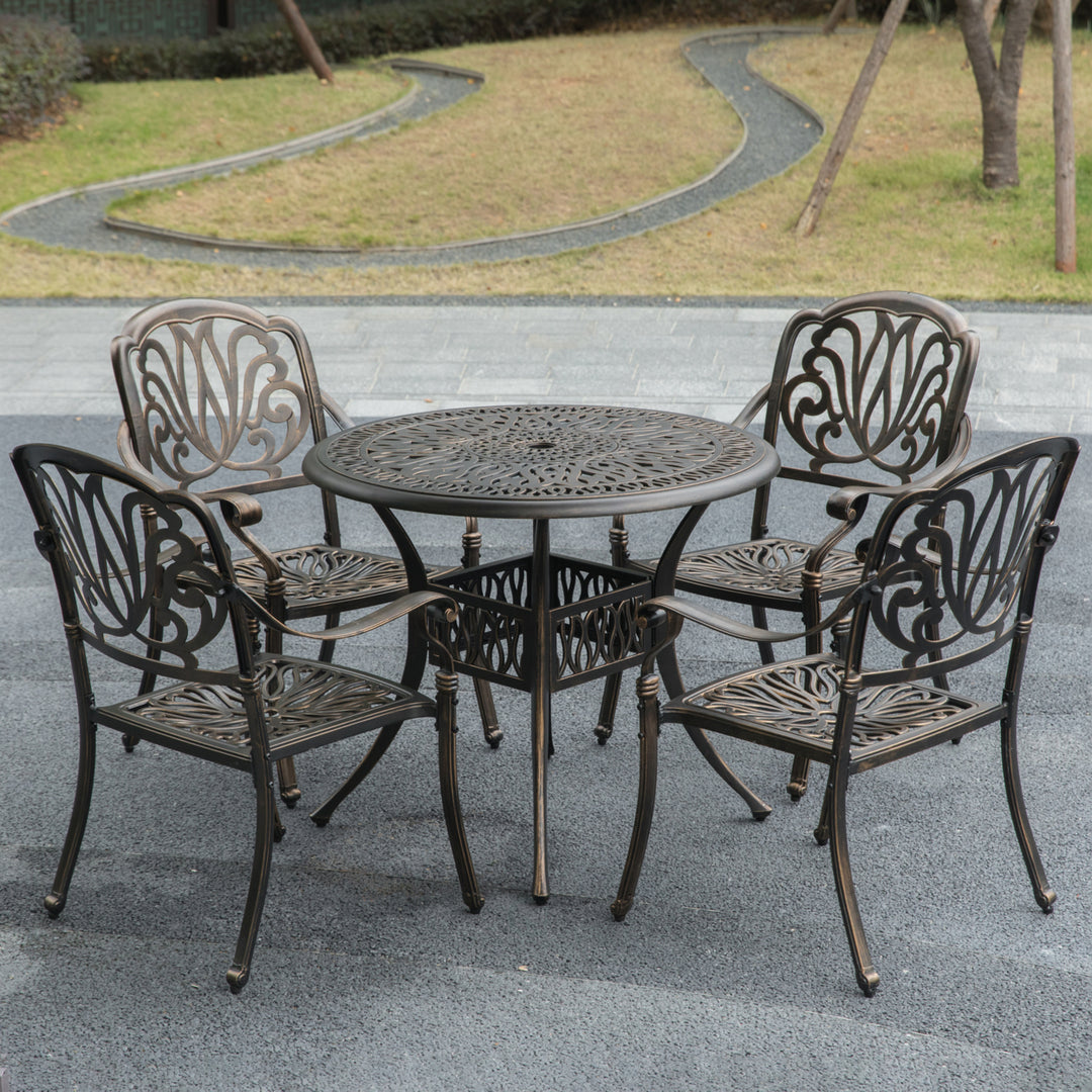 Indoor and Outdoor Bronze Dinning Set 4 Chairs with 1 Table Bistro Patio Cast Aluminum. Image 9