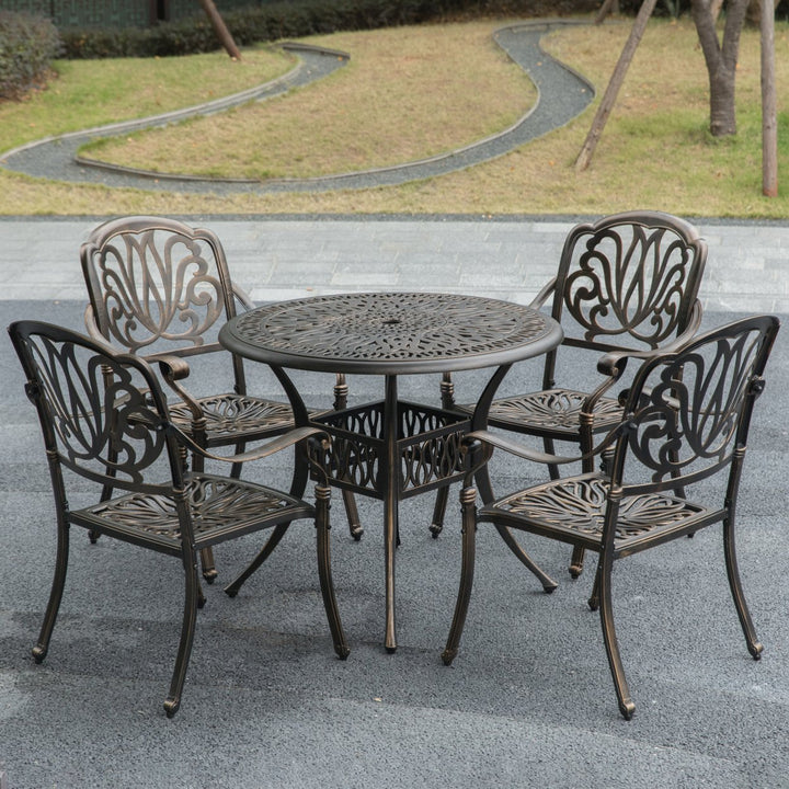 Bronze Cast Aluminum Bistro Dining Set 4 Chairs 1 Table Indoor Outdoor Use Image 9