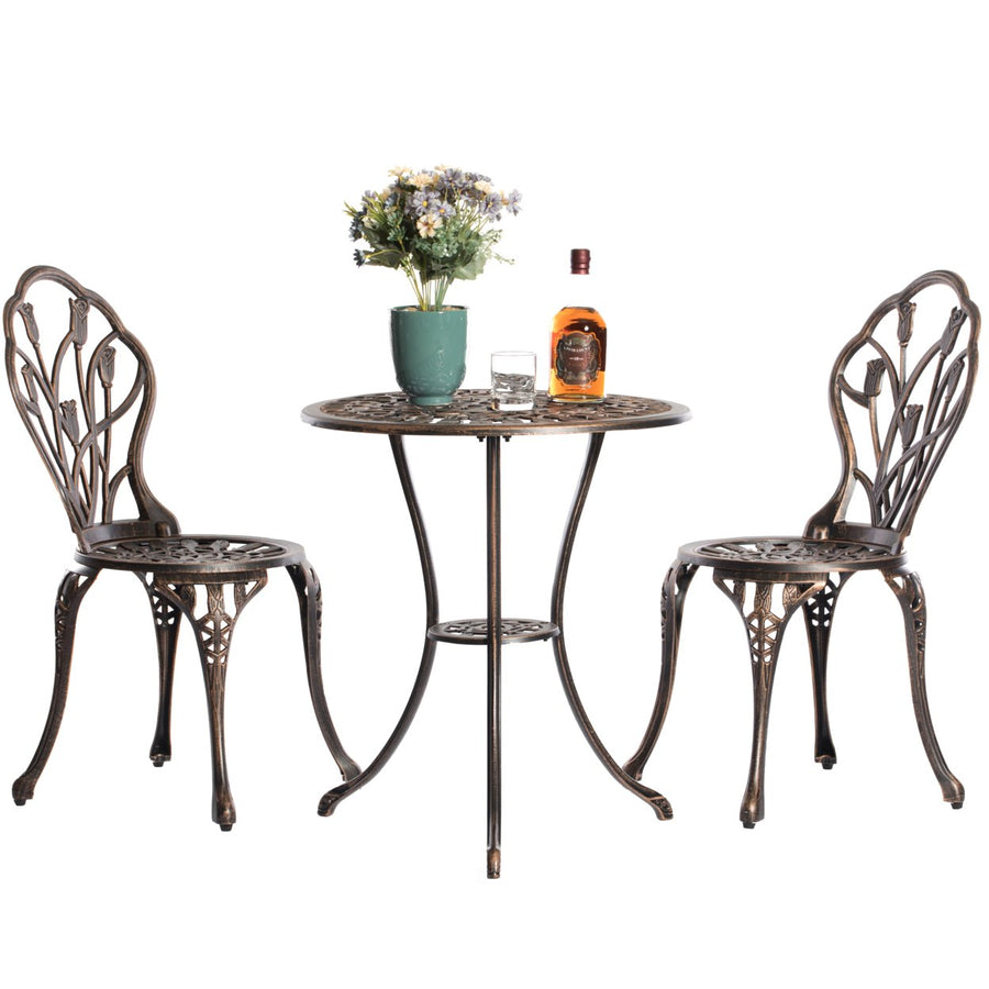Indoor and Outdoor Bronze Dinning Set 2 Chairs with 1 Table Bistro Patio Cast Aluminum. Image 1