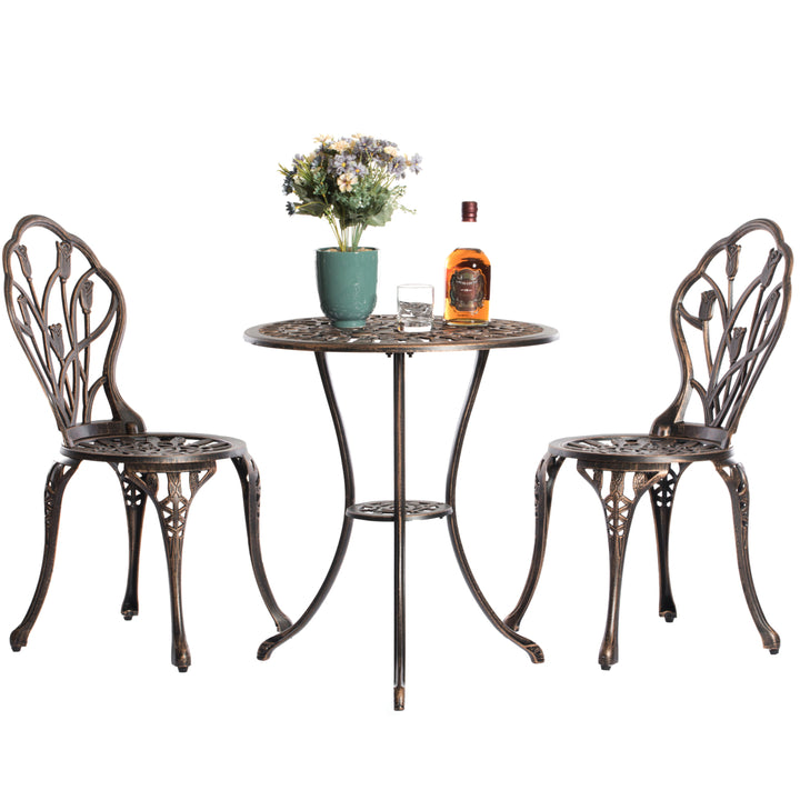 Bronze Cast Aluminum Bistro Dining Set 2 Chairs 1 Table Indoor Outdoor Umbrella Image 1