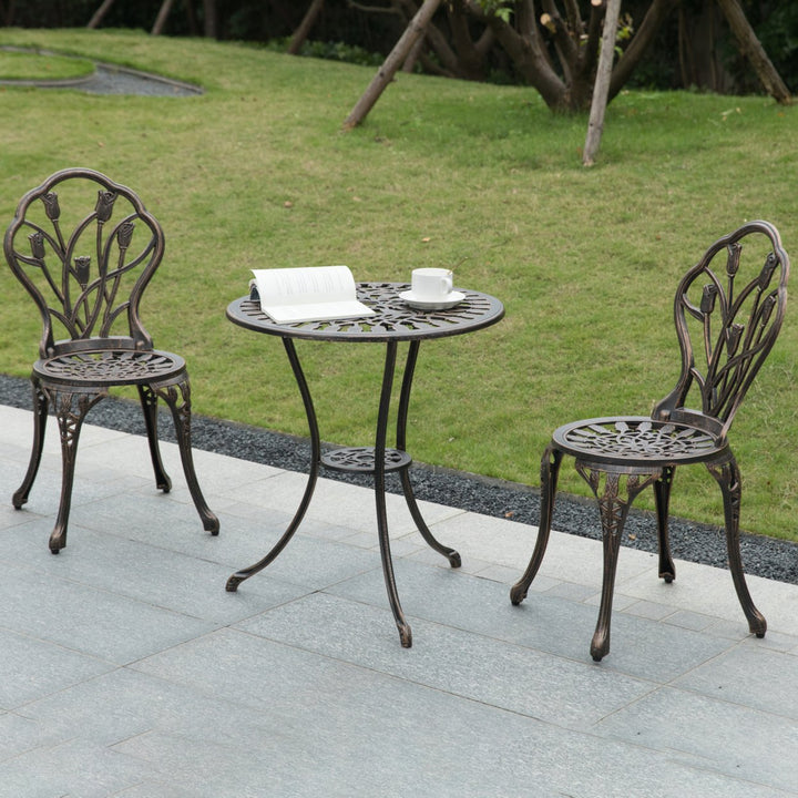 Bronze Cast Aluminum Bistro Dining Set 2 Chairs 1 Table Indoor Outdoor Umbrella Image 2