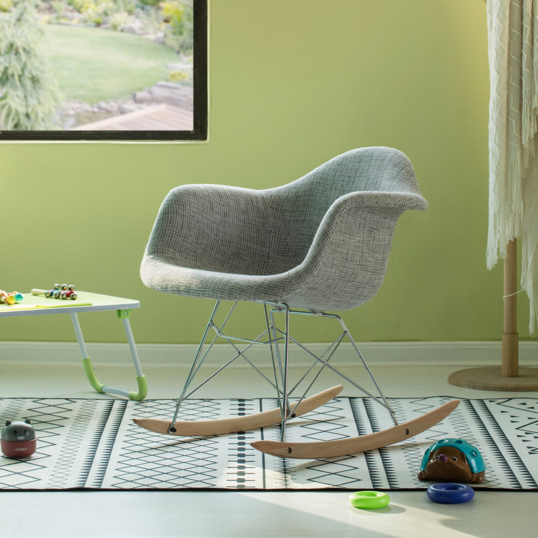 "Mid-Century Modern Style Fabric Rocking Chair RAR Shell Dining Arm Chair, Light Gray" Image 4