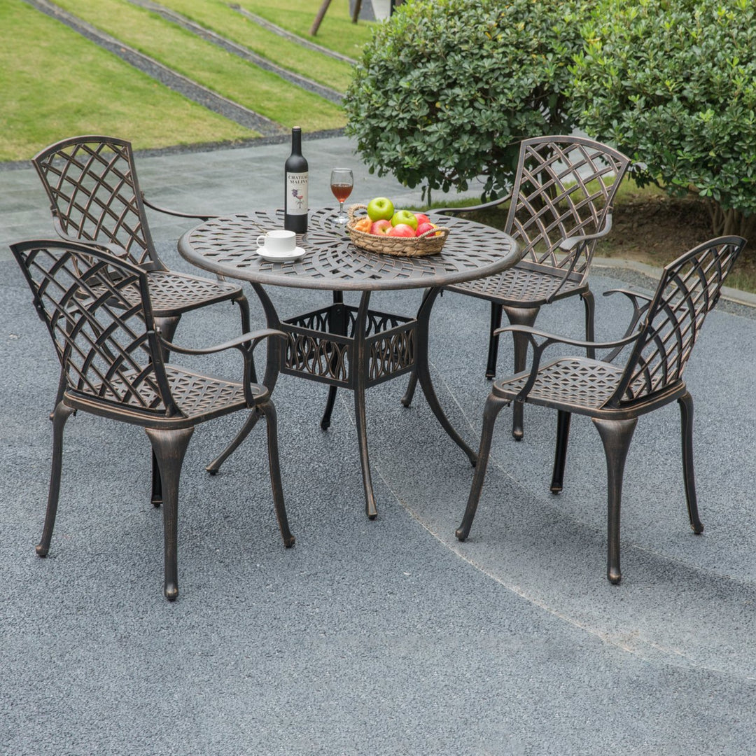 Bronze Cast Aluminum Bistro Dining Set 4 Chairs 1 Table Indoor Outdoor Easy Clean Image 9