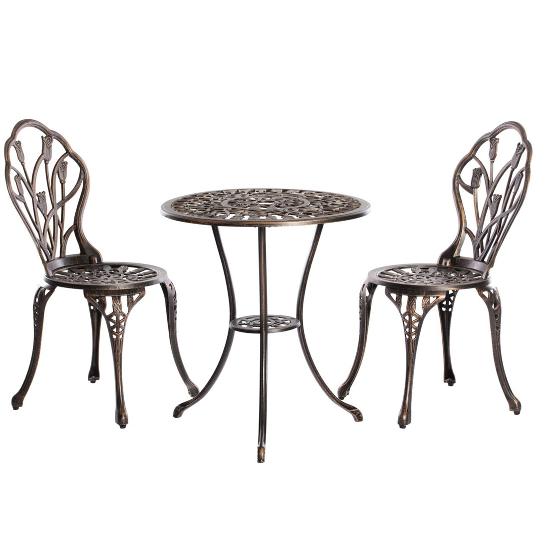 Indoor and Outdoor Bronze Dinning Set 2 Chairs with 1 Table Bistro Patio Cast Aluminum. Image 5