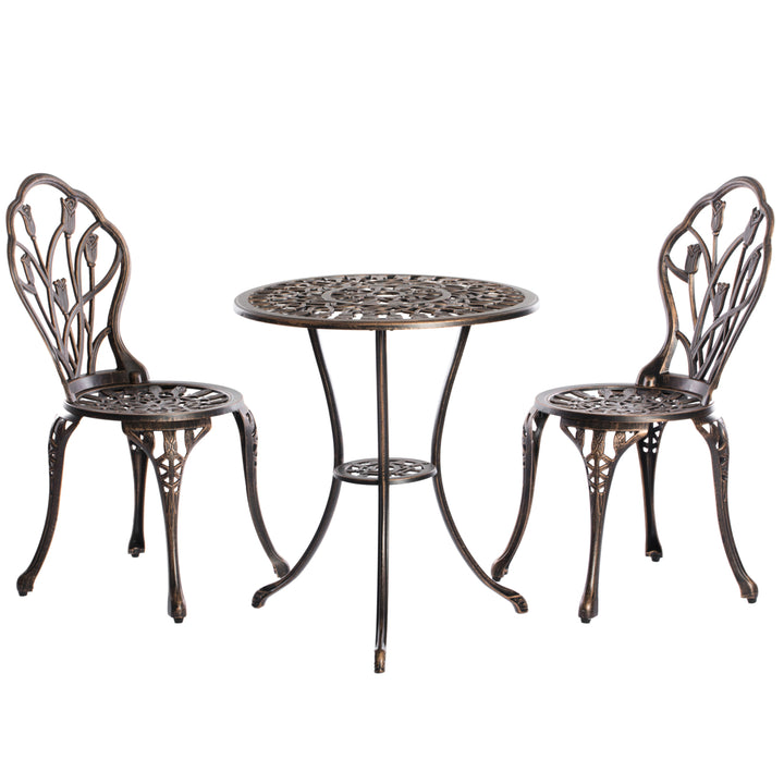 Bronze Cast Aluminum Bistro Dining Set 2 Chairs 1 Table Indoor Outdoor Umbrella Image 5