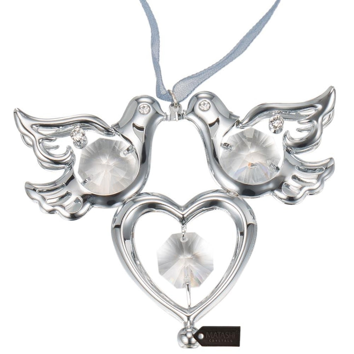 Silver Plated Red Crystal Studded Love Doves Hanging Ornament with Double Heart by Matashi Image 2