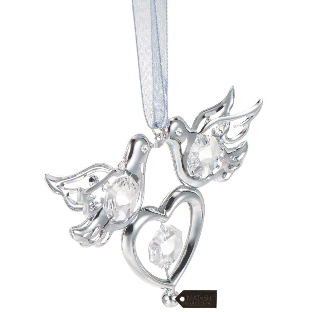 Silver Plated Red Crystal Studded Love Doves Hanging Ornament with Double Heart by Matashi Image 3