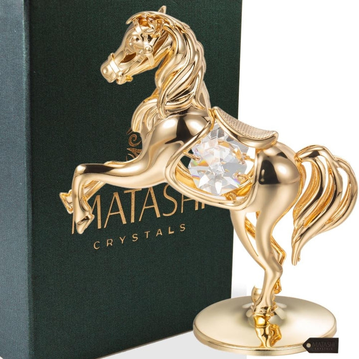 24K Gold Plated Crystal Studded Horse On a Pedestal Ornament by Matashi Image 1