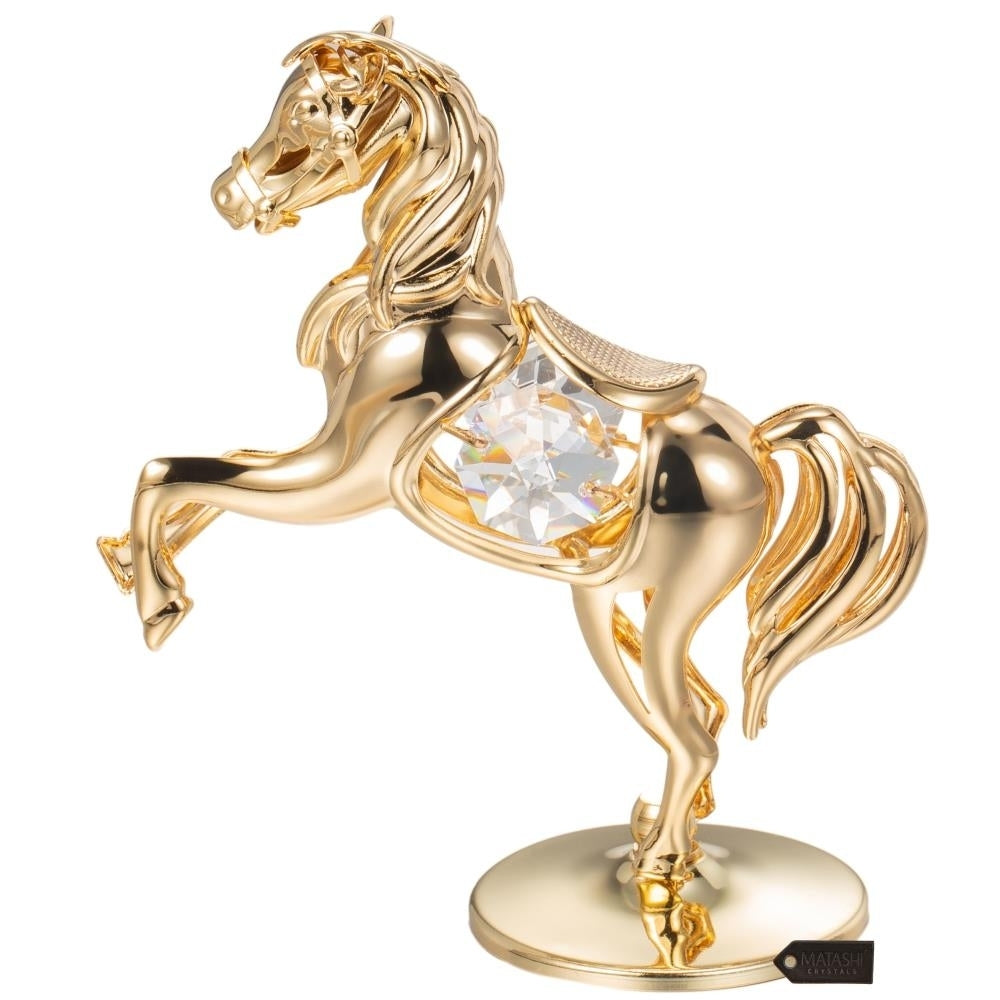 24K Gold Plated Crystal Studded Horse On a Pedestal Ornament by Matashi Image 2