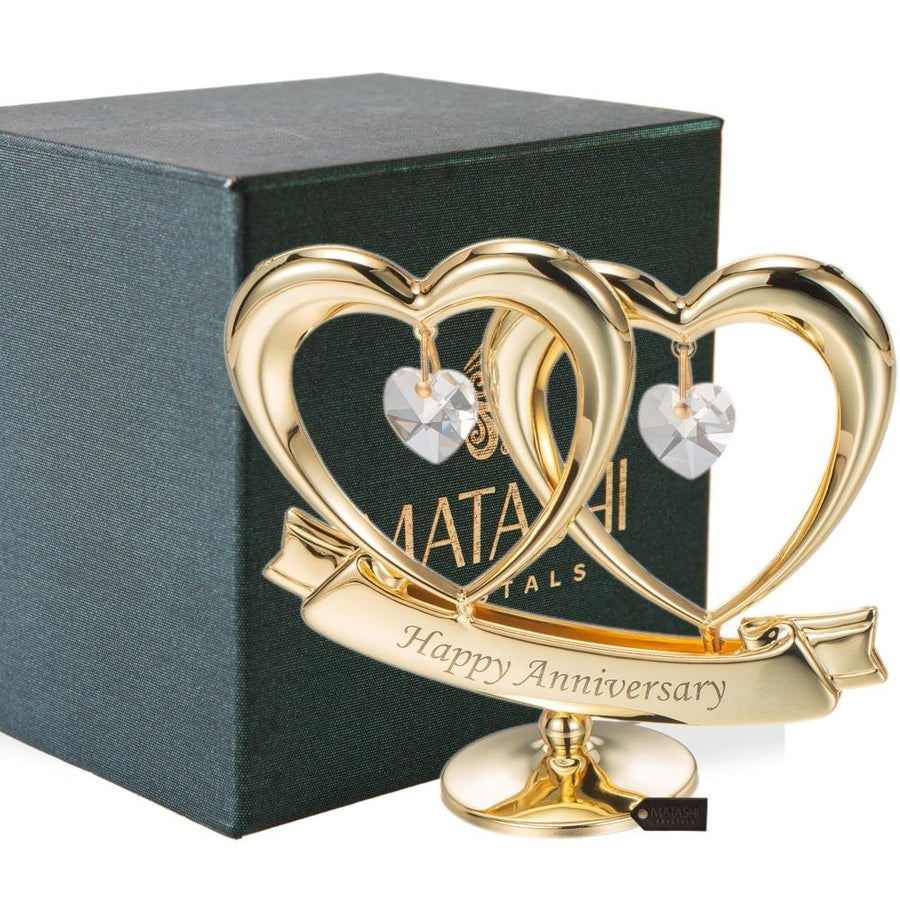 24K Gold Plated Happy Anniversary Inscribed Double Heart Ornament with Crystals by Matashi Image 1