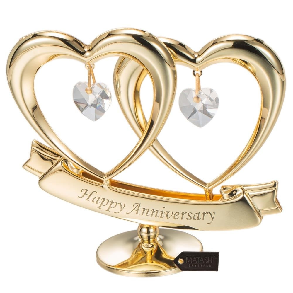 24K Gold Plated Happy Anniversary Inscribed Double Heart Ornament with Crystals by Matashi Image 2