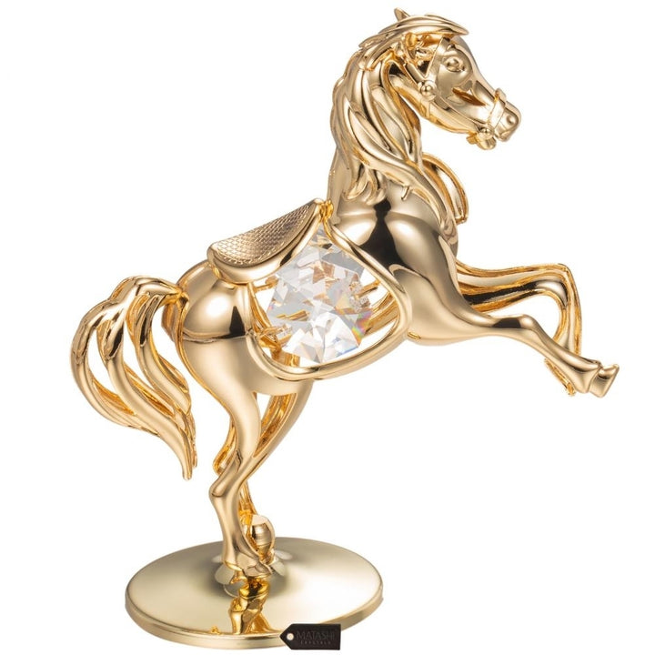 24K Gold Plated Crystal Studded Horse On a Pedestal Ornament by Matashi Image 3