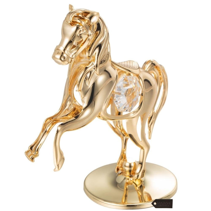 24K Gold Plated Crystal Studded Horse On a Pedestal Ornament by Matashi Image 4