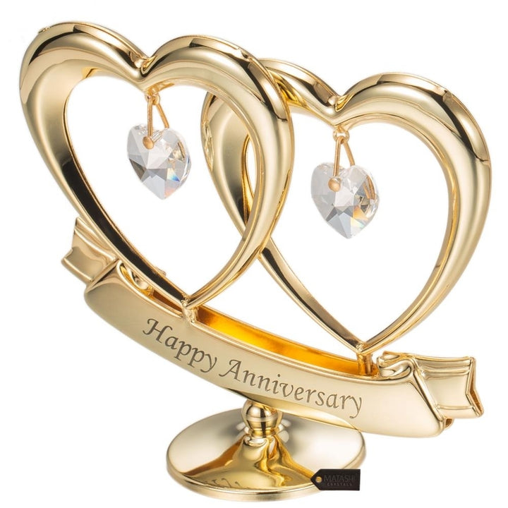 24K Gold Plated Happy Anniversary Inscribed Double Heart Ornament with Crystals by Matashi Image 3