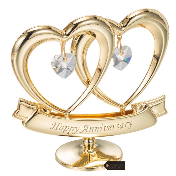 24K Gold Plated Happy Anniversary Inscribed Double Heart Ornament with Crystals by Matashi Image 4