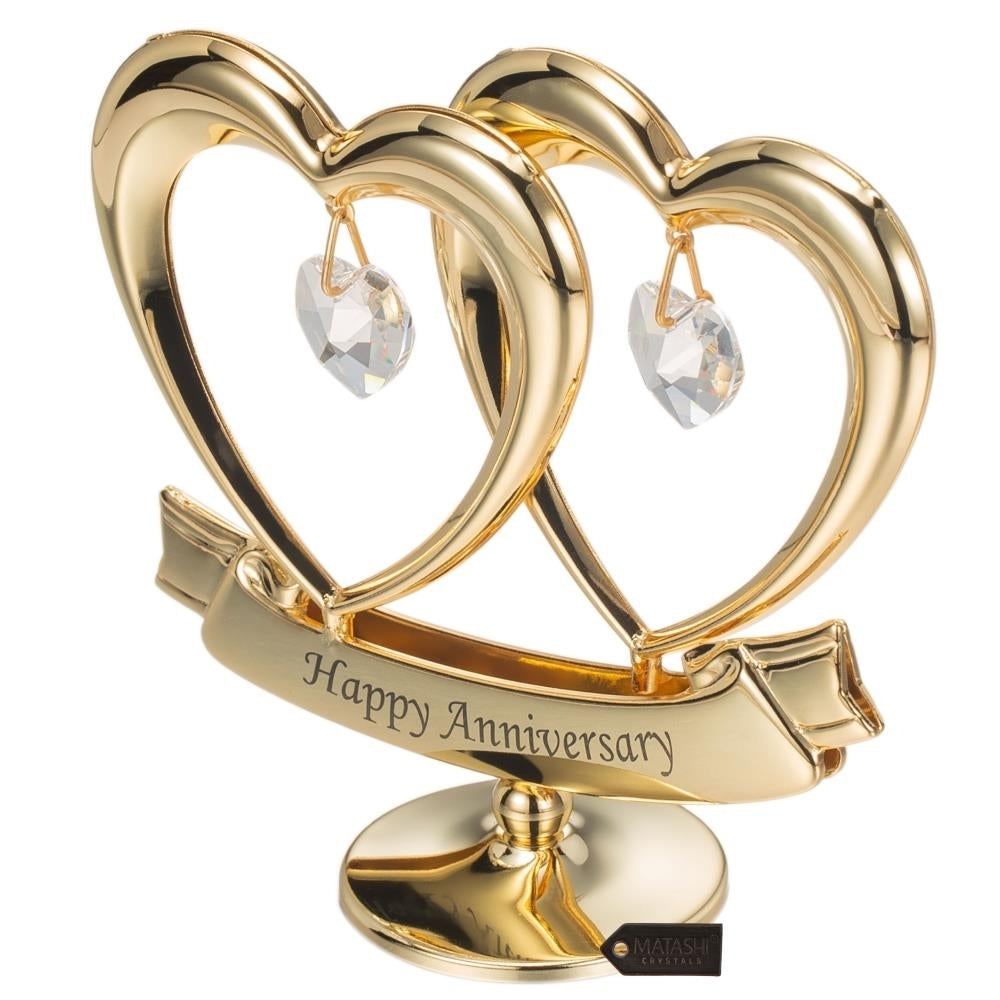 24K Gold Plated Happy Anniversary Inscribed Double Heart Ornament with Crystals by Matashi Image 5