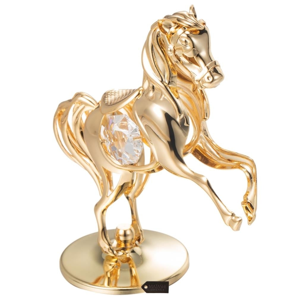 24K Gold Plated Crystal Studded Horse On a Pedestal Ornament by Matashi Image 5