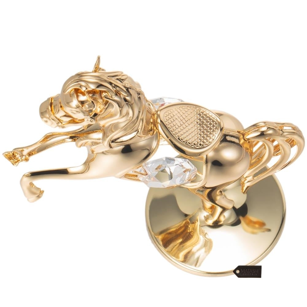 24K Gold Plated Crystal Studded Horse On a Pedestal Ornament by Matashi Image 6