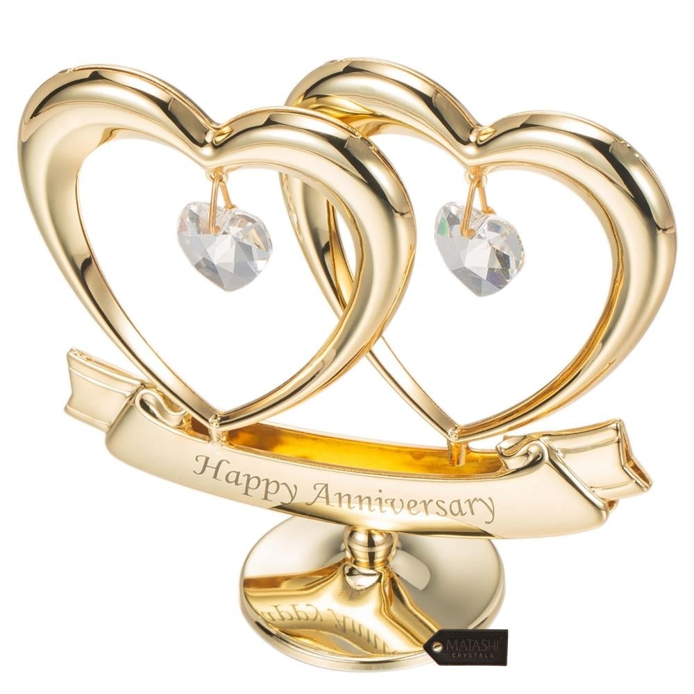 24K Gold Plated Happy Anniversary Inscribed Double Heart Ornament with Crystals by Matashi Image 6