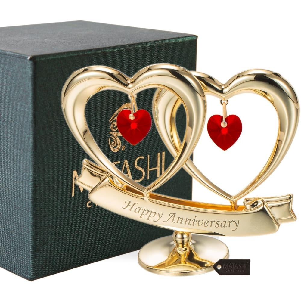 24K Gold Plated Beautiful Happy Anniversary Double Heart Table Top Made with Genuine Red Matashi Crystals Image 1