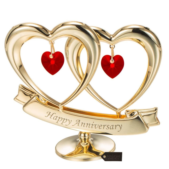 24K Gold Plated Beautiful Happy Anniversary Double Heart Table Top Made with Genuine Red Matashi Crystals Image 2