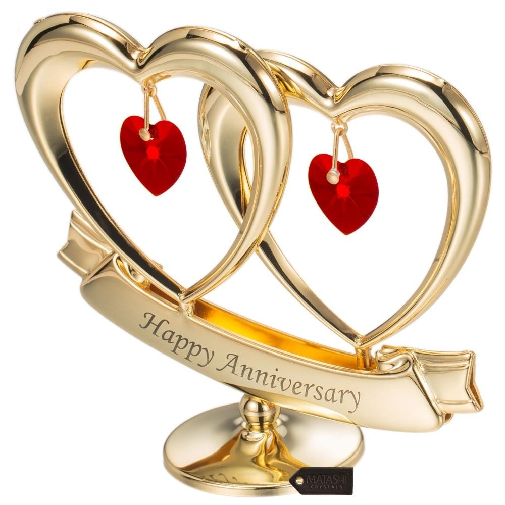 24K Gold Plated Beautiful Happy Anniversary Double Heart Table Top Made with Genuine Red Matashi Crystals Image 3