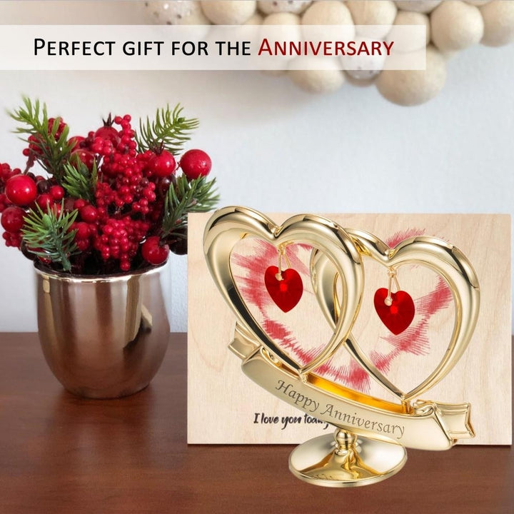 24K Gold Plated Beautiful Happy Anniversary Double Heart Table Top Made with Genuine Red Matashi Crystals Image 5