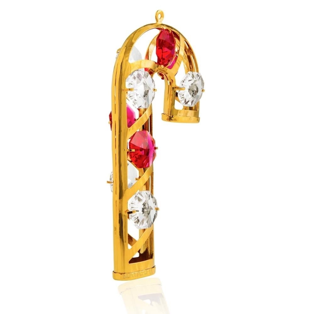 24K Gold Plated Crystal Studded Candy Cane Ornament by Matashi with Clear and Red Crystals Image 2