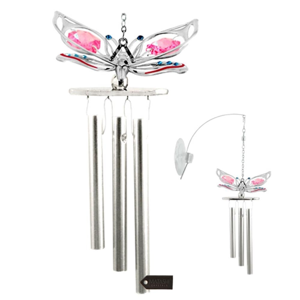 Chrome Plated Silver Color Butterfly Decorative Wind Chime with Crystals by Matashi Image 2