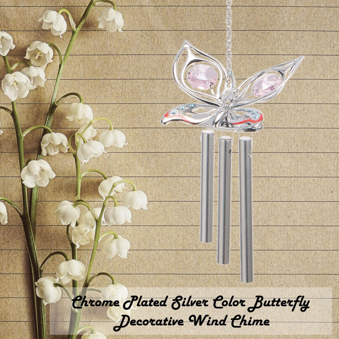 Chrome Plated Silver Color Butterfly Decorative Wind Chime with Crystals by Matashi Image 4