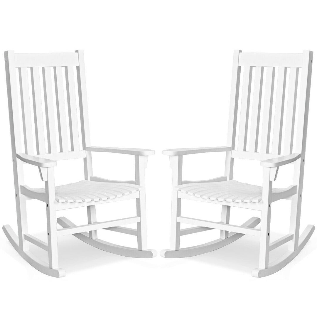 2PCS Wood Rocking Chair Porch Rocker High Back Garden Seat Indoor Outdoor Image 4