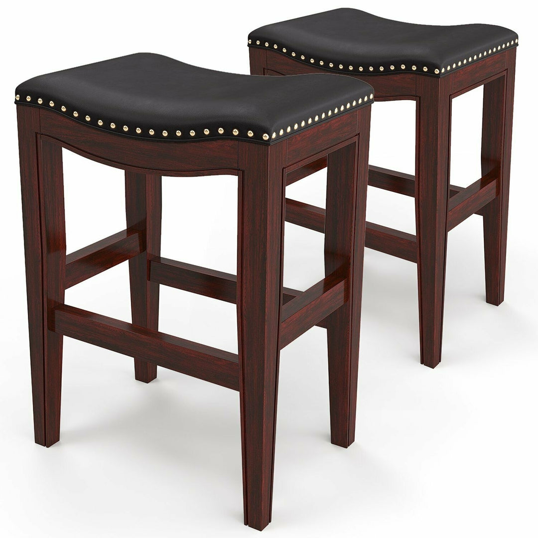 Set of 2 Bar Stool Wood Upholstered Cushion Seat Black Dining Pub Bar 29Height Image 1