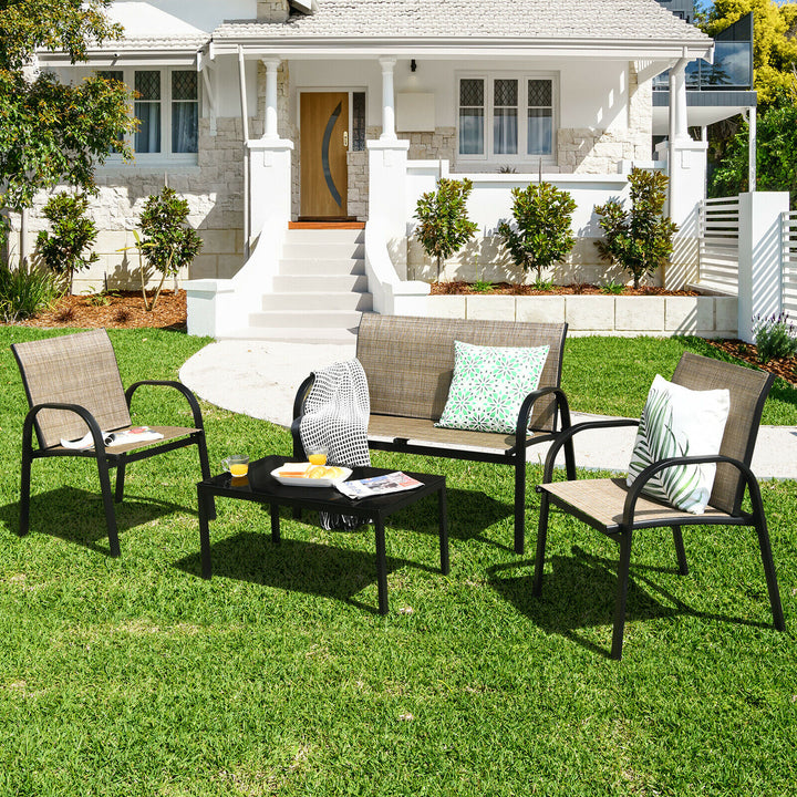 4 PCS Patio Furniture Set Sofa Coffee Table Steel Frame Garden Brown Image 1