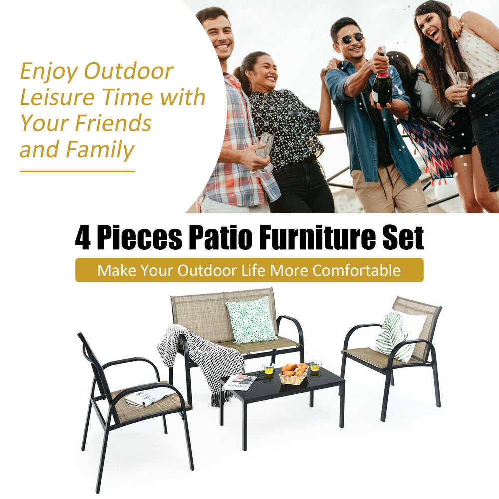 4 PCS Patio Furniture Set Sofa Coffee Table Steel Frame Garden Brown Image 2