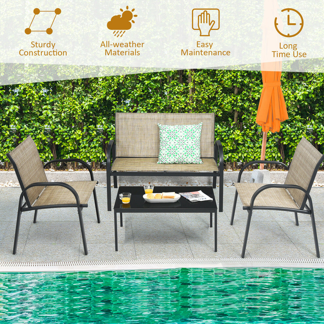 4 PCS Patio Furniture Set Sofa Coffee Table Steel Frame Garden Brown Image 3