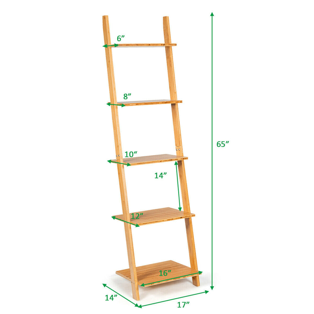 5-Tier Ladder Shelf Modern Bamboo Leaning Bookshelf Ladder Bookcase Open Display Image 2