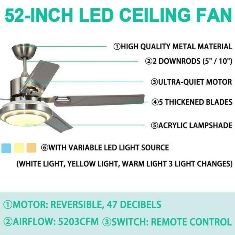 Ceiling Fan Light 52 5 Stainless Steel Blades LED Fan Lamp w/ Remote Control Image 1