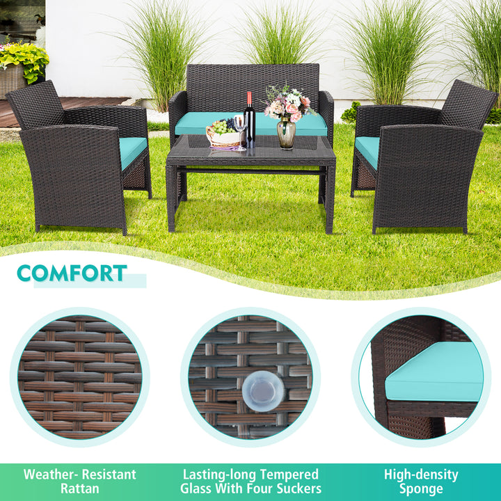 4PCS Patio Conversation Set Outdoor Rattan Furniture Set w/ Turquoise Cushions Image 3