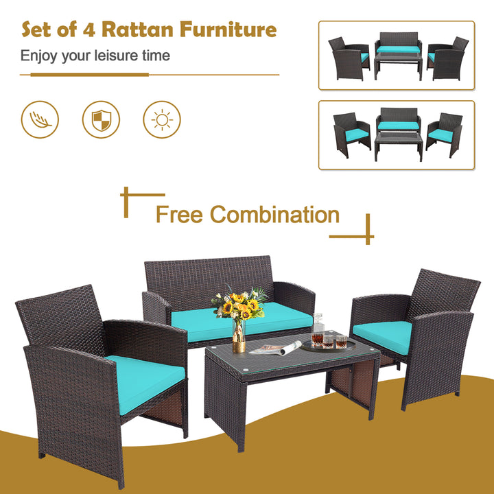 4PCS Patio Conversation Set Outdoor Rattan Furniture Set w/ Turquoise Cushions Image 5