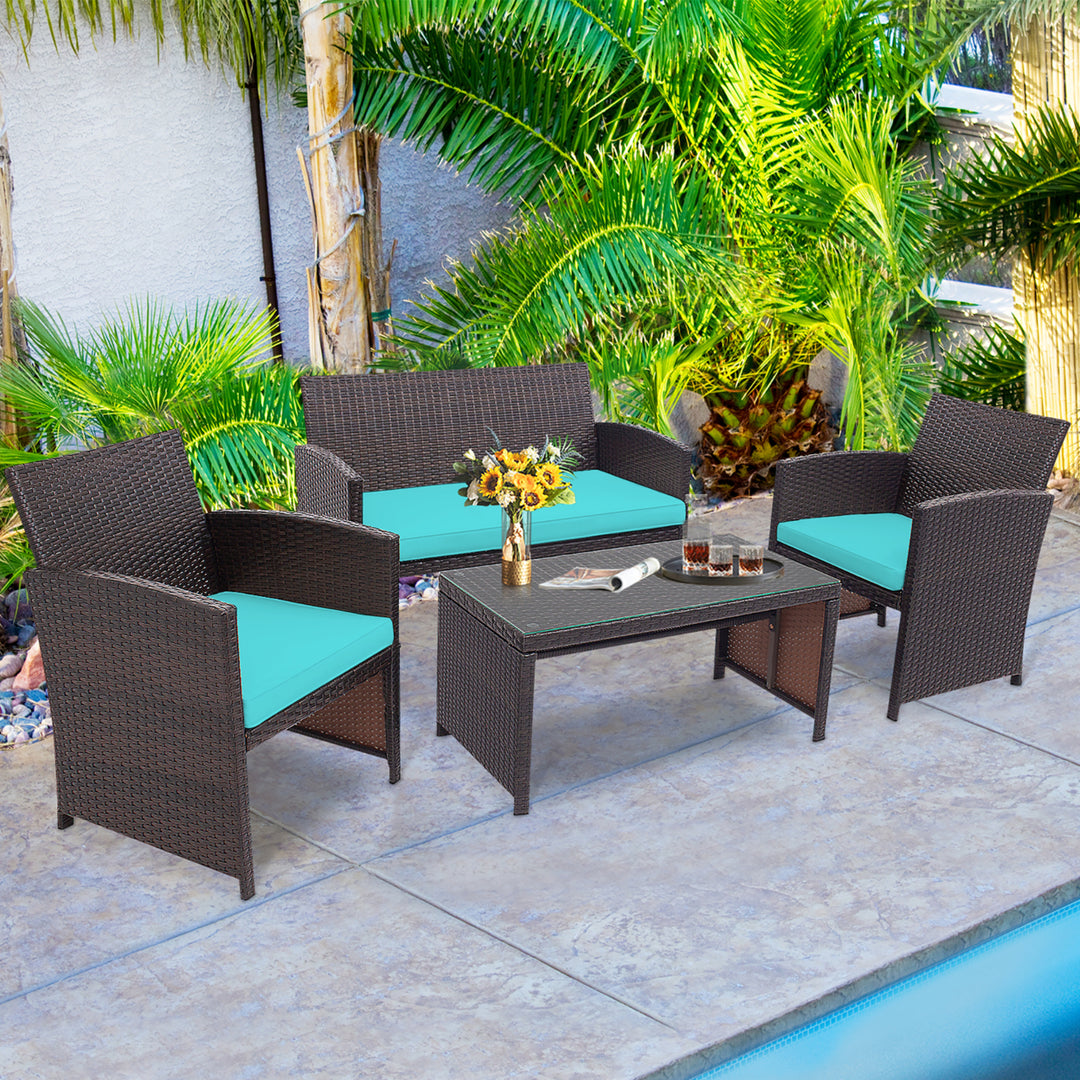 4PCS Patio Conversation Set Outdoor Rattan Furniture Set w/ Turquoise Cushions Image 7