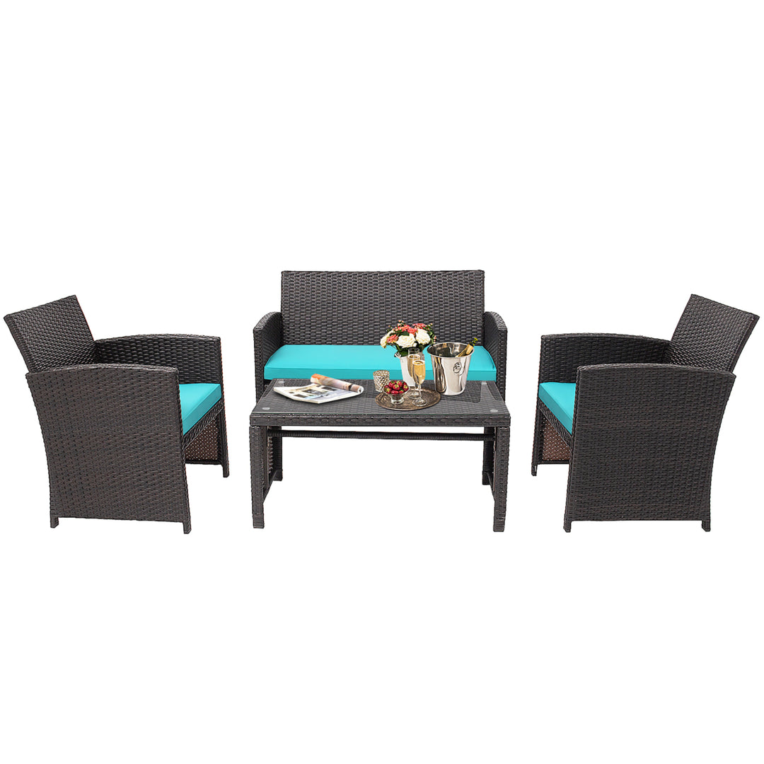 4PCS Patio Conversation Set Outdoor Rattan Furniture Set w/ Turquoise Cushions Image 8