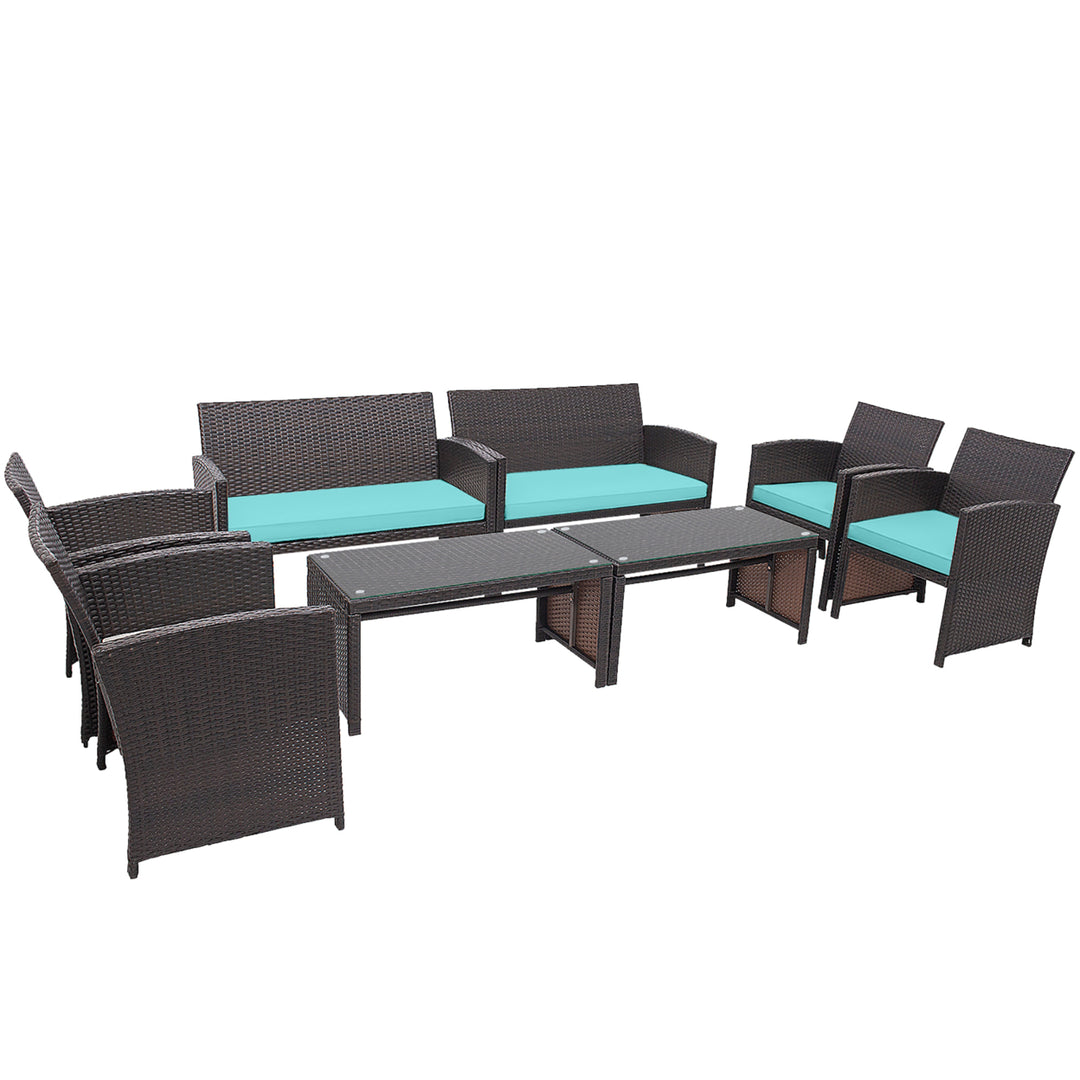 8PCS Patio Conversation Set Outdoor Rattan Furniture Set w/ Turquoise Cushions Image 8